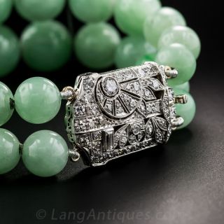 Art Deco Natural Burma Jade Bead Bracelet with Platinum Diamond Clasp - 1