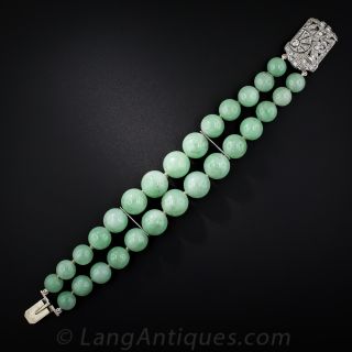 Art Deco Natural Burma Jade Bead Bracelet with Platinum Diamond Clasp