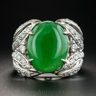 Natural Burma Jade Platinum and Diamond Ring - 1