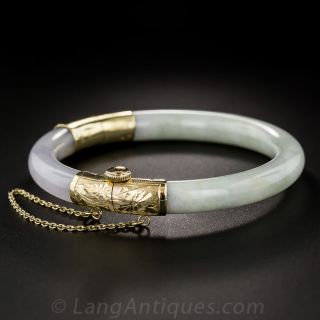 Natural Burma Lavender and White Jadeite Hinged Bangle Bracelet