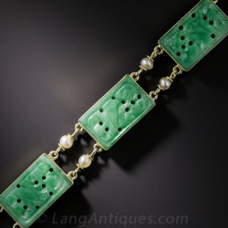 Natural Burmese Carved Jadeite And  Pearl Bracelet - 1