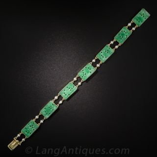 Natural Burmese Carved Jadeite And  Pearl Bracelet