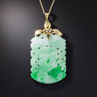 Natural Burmese Jade and Diamond Carved Plaque Pendant - 1