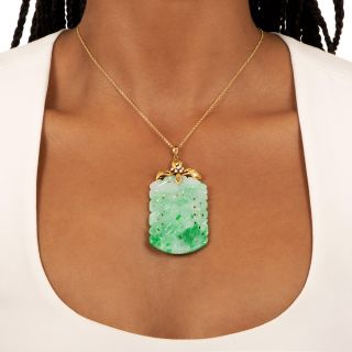 Natural Burmese Jade and Diamond Carved Plaque Pendant