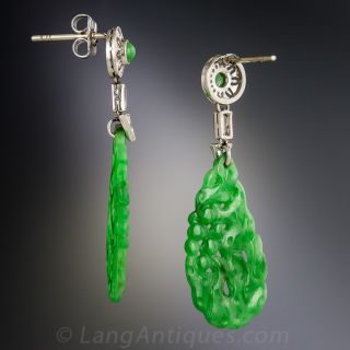 Natural Burmese Jadeite Carved and Diamond Art Deco Drop Earrings