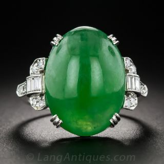 Natural Burmese Jadeite Platinum and Diamond Art Deco Ring - 1