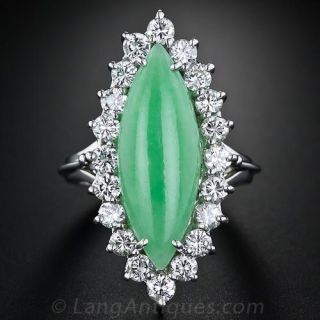 Natural Burmese Marquise Jade and Diamond Ring