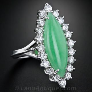 Natural Burmese Marquise Jade and Diamond Ring
