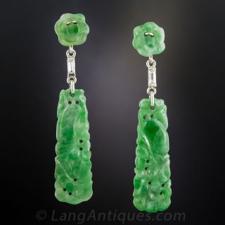 Natural Carved Burma Jadeite & Diamond Earrings