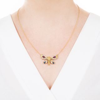 Natural Fancy Yellow Diamond, Ruby and Sapphire Butterfly Necklace