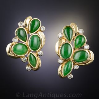 Natural Jade and Diamond Cluster Earrings