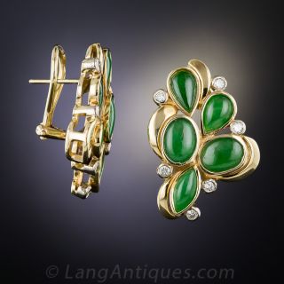 Natural Jade and Diamond Cluster Earrings