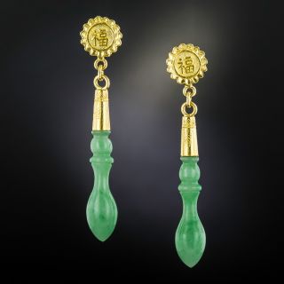 Natural Jadeite Drops Earrings with "Fu" Design - 1