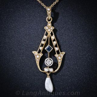 Natural Pearl and Sapphire Lavaliere c1900