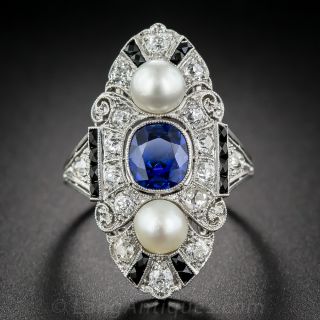 No-Heat Sapphire, Diamond, Natural Pearl Art Deco Dinner Ring