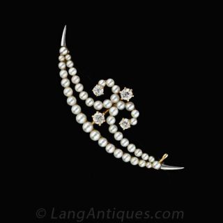 Natural Seed Pearl and Diamond Crescent Pin Main View