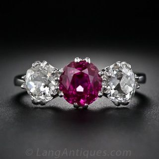 Natural Unheated Burmese Ruby and Diamond Three Stone Ring