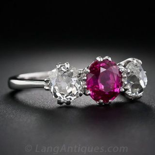 Natural Unheated Burmese Ruby and Diamond Three Stone Ring