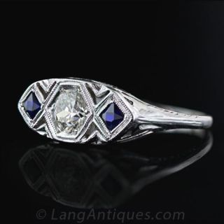 Oblong Diamond and Synthetic  Sapphire Art Deco Ring