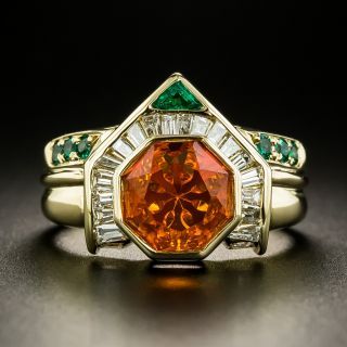 Octagonal Fire Opal, Diamond and Emerald Ring - 3