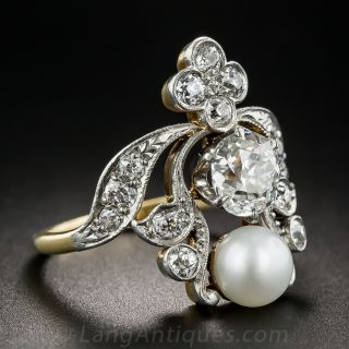 One Carat Diamond and Natural Pearl Edwardian Ring