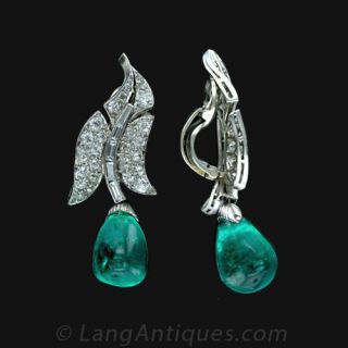 Original Art Deco Emerald and Diamond Drop Earrings