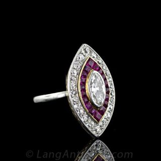 Original Art Deco Marquise Diamond and Ruby Ring