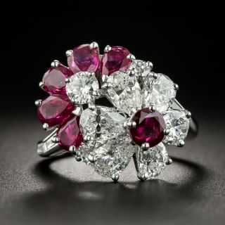 Oscar Heyman Ruby Diamond Platinum Flower Ring - 3