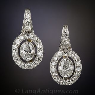 Oval Diamond and Platinum Earrings