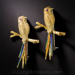 Pair of 18K Perched Bird and Enamel Brooches