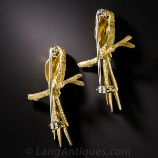 Pair of 18K Perched Bird and Enamel Brooches