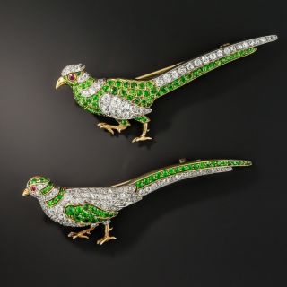 Pair Of Edwardian Demantoid Garnet and Diamond Pheasant Brooches by William Scheer - 1