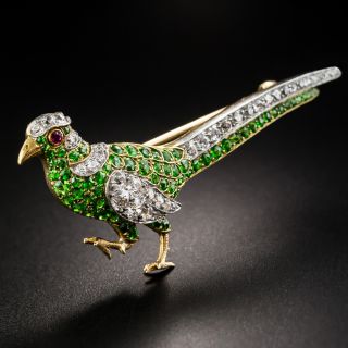 Pair Of Edwardian Demantoid Garnet and Diamond Pheasant Brooches by William Scheer