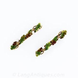 Pair of Enamel and Seed Pearl Oak Leaf and  Acorn Pins