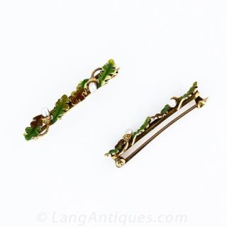 Pair of Enamel and Seed Pearl Oak Leaf and  Acorn Pins
