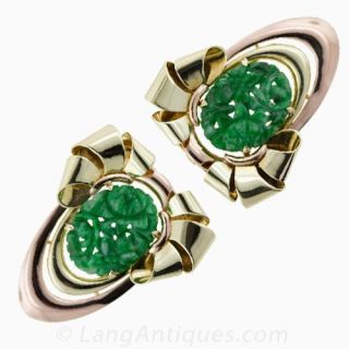 Pair of Retro Jadite and Bi-Color Gold Clips