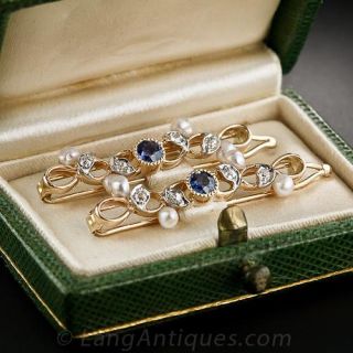 Pair of Sapphire, Diamond, and Freshwater Pearl Barrettes