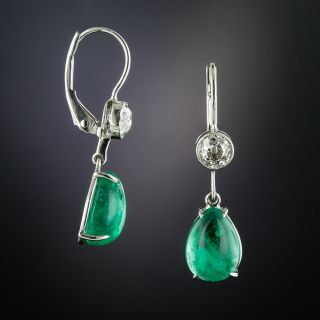 Pear-Cut Emerald Cabochon & Diamond Drop Earrings - 1