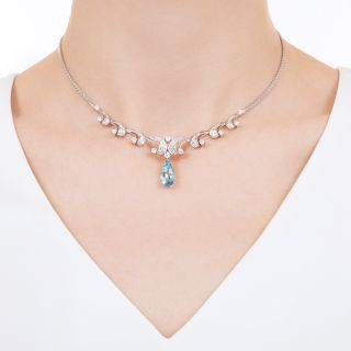 Pear Shape Aquamarine and Diamond Scroll Necklace