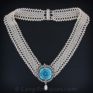 Pearl and Antique Enameled Centerpiece Necklace