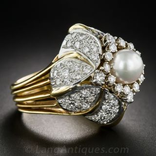 Pearl and Diamond Bombe Cocktail Ring