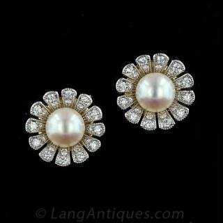 Estate Pearl Diamond Earrings 