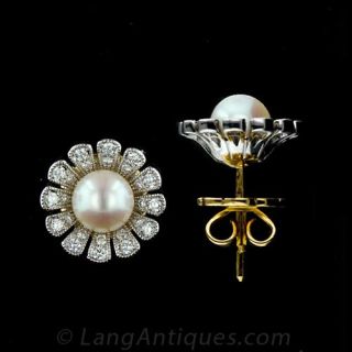 Pearl and Diamond Cluster Earrings