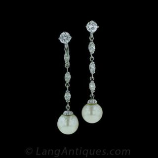 Pearl and Diamond Drop Earrings Main View