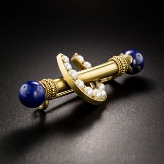 Pearl and Lapis Good Luck Horseshoe Brooch