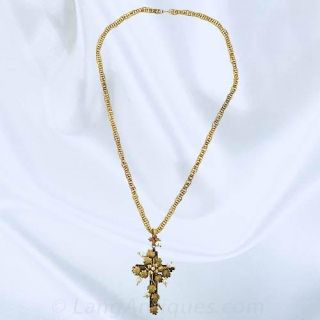 Pearl and Leaf Motif Cross Pendant