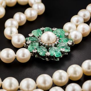 Pearl Necklace with Carved Emerald and Diamond Clasp