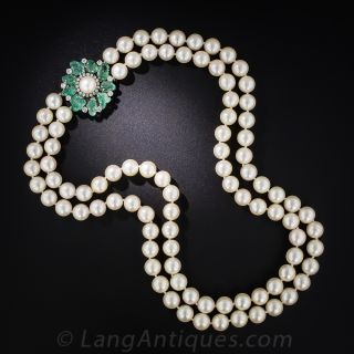 Pearl Necklace with Carved Emerald and Diamond Clasp - 2