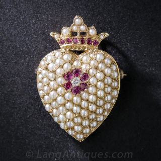 Pearl Ruby and Diamond Crowned Heart Brooch