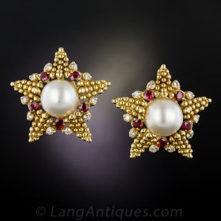 Pearl, Ruby and Diamond Star Earrings